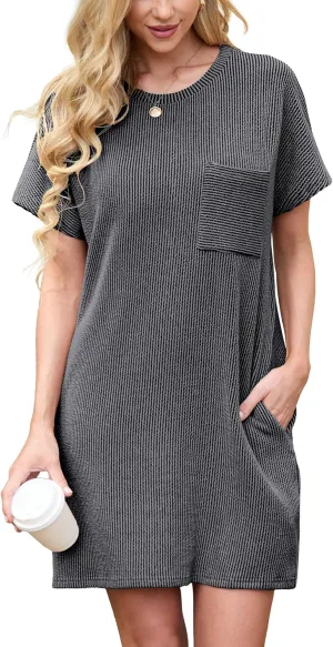 HiMONE Womens Casual Dresses Vacation Tshirt Dress Crewneck Shift Shirt Summer Petite Dress XS-2XL