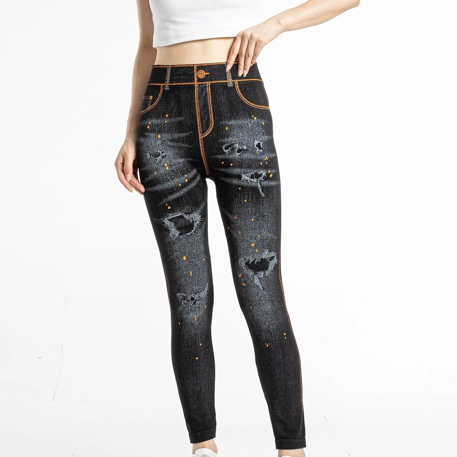 hlysgo Skinny Faux Jeans for Women High Waist Stretchy Slimming Jeggings Denim Print Leggings Trousers Pants