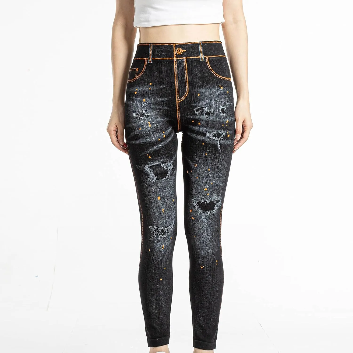 hlysgo Skinny Faux Jeans for Women High Waist Stretchy Slimming Jeggings Denim Print Leggings Trousers Pants