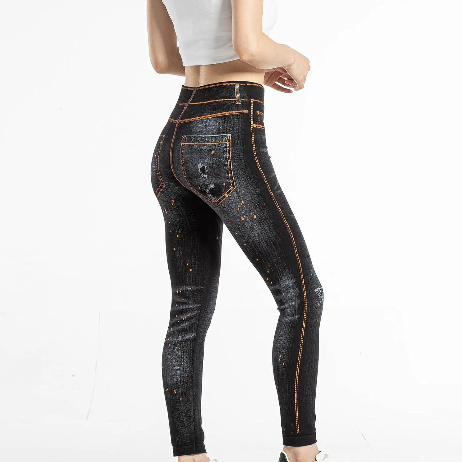 hlysgo Skinny Faux Jeans for Women High Waist Stretchy Slimming Jeggings Denim Print Leggings Trousers Pants