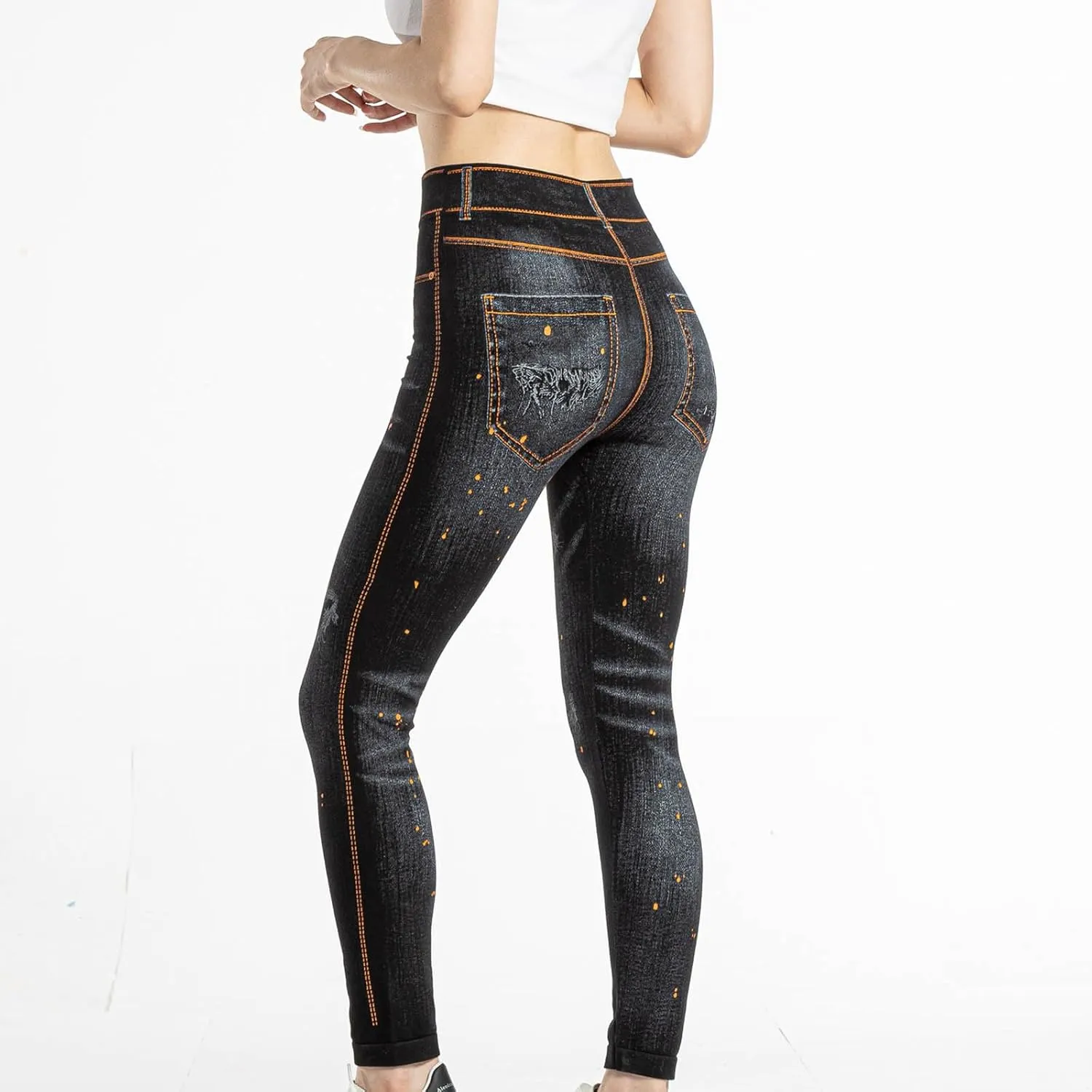 hlysgo Skinny Faux Jeans for Women High Waist Stretchy Slimming Jeggings Denim Print Leggings Trousers Pants