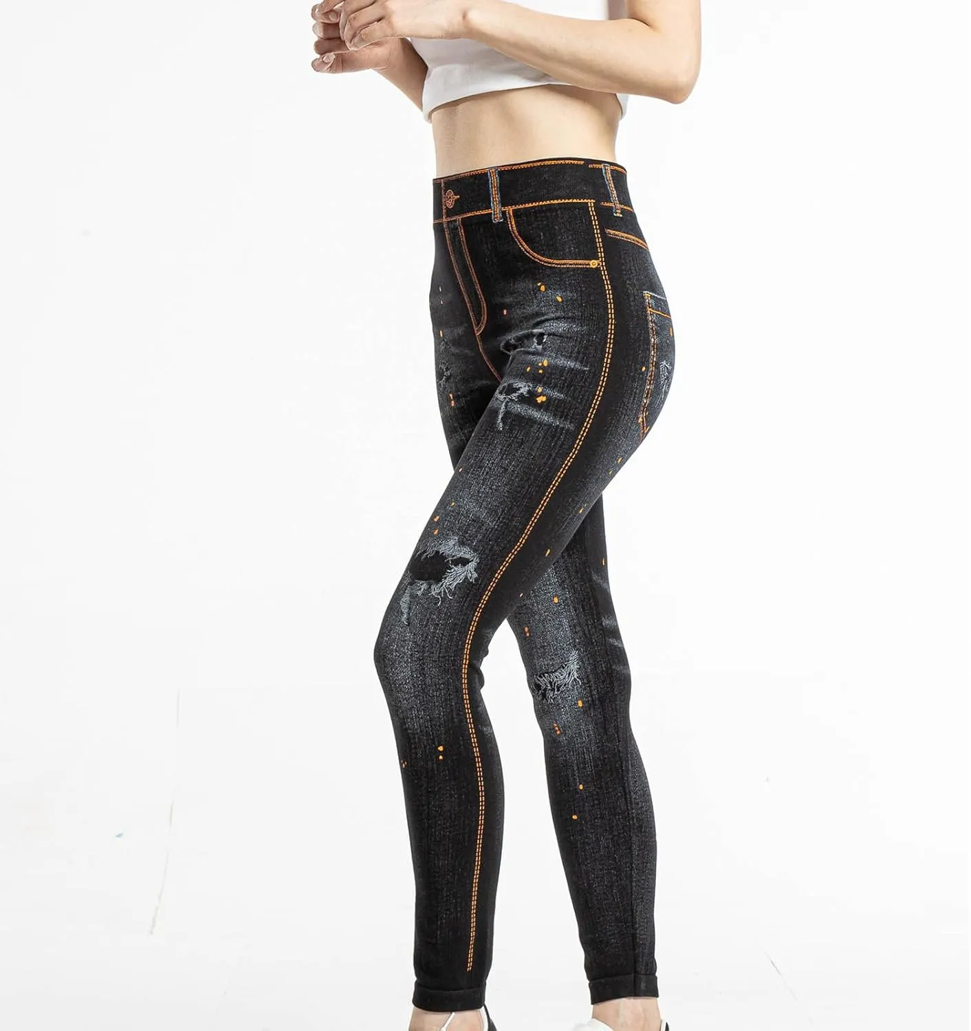 hlysgo Skinny Faux Jeans for Women High Waist Stretchy Slimming Jeggings Denim Print Leggings Trousers Pants