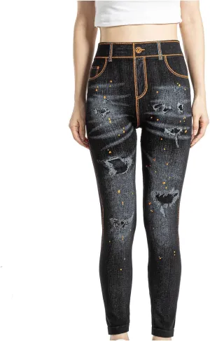 hlysgo Skinny Faux Jeans for Women High Waist Stretchy Slimming Jeggings Denim Print Leggings Trousers Pants