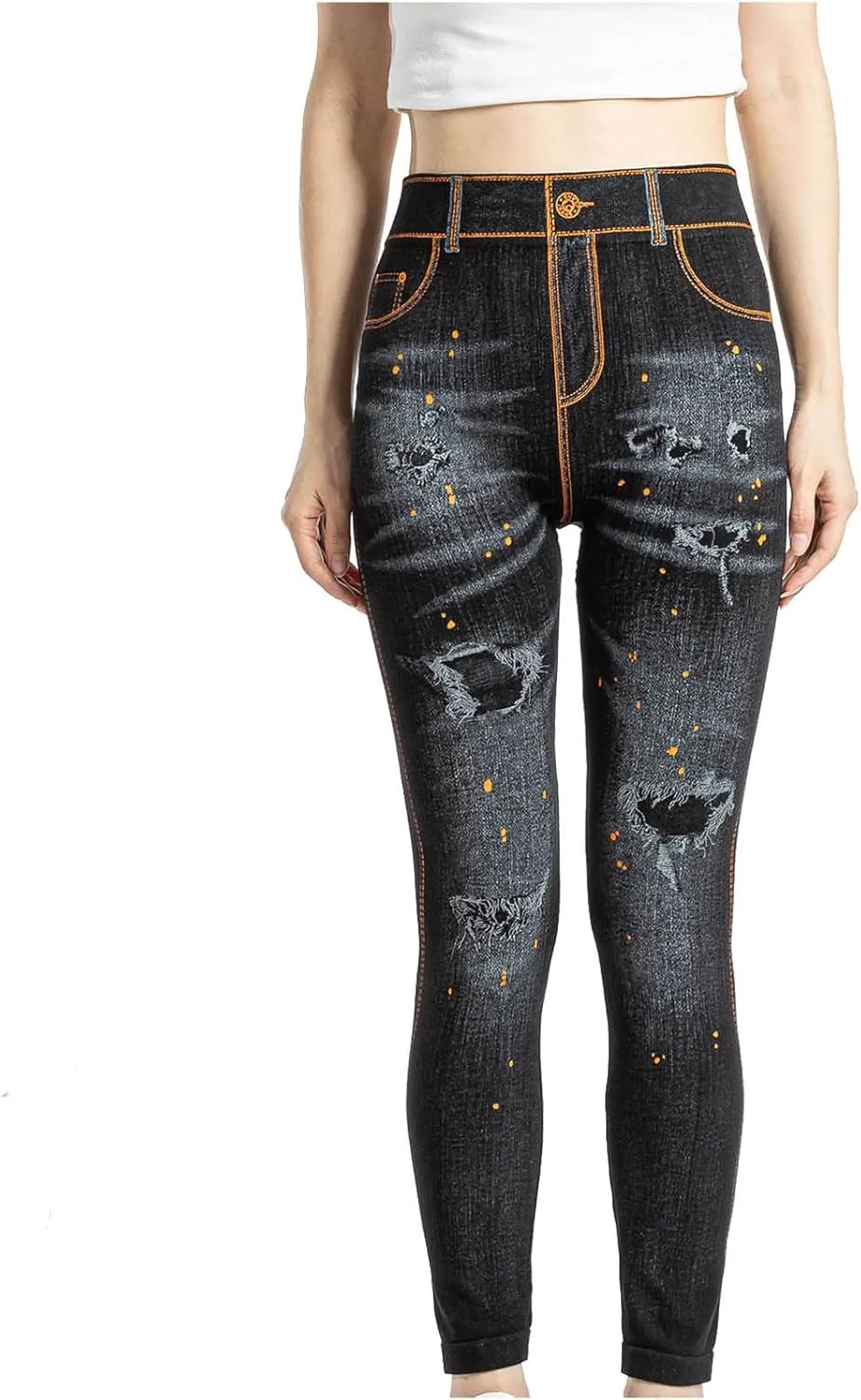 hlysgo Skinny Faux Jeans for Women High Waist Stretchy Slimming Jeggings Denim Print Leggings Trousers Pants