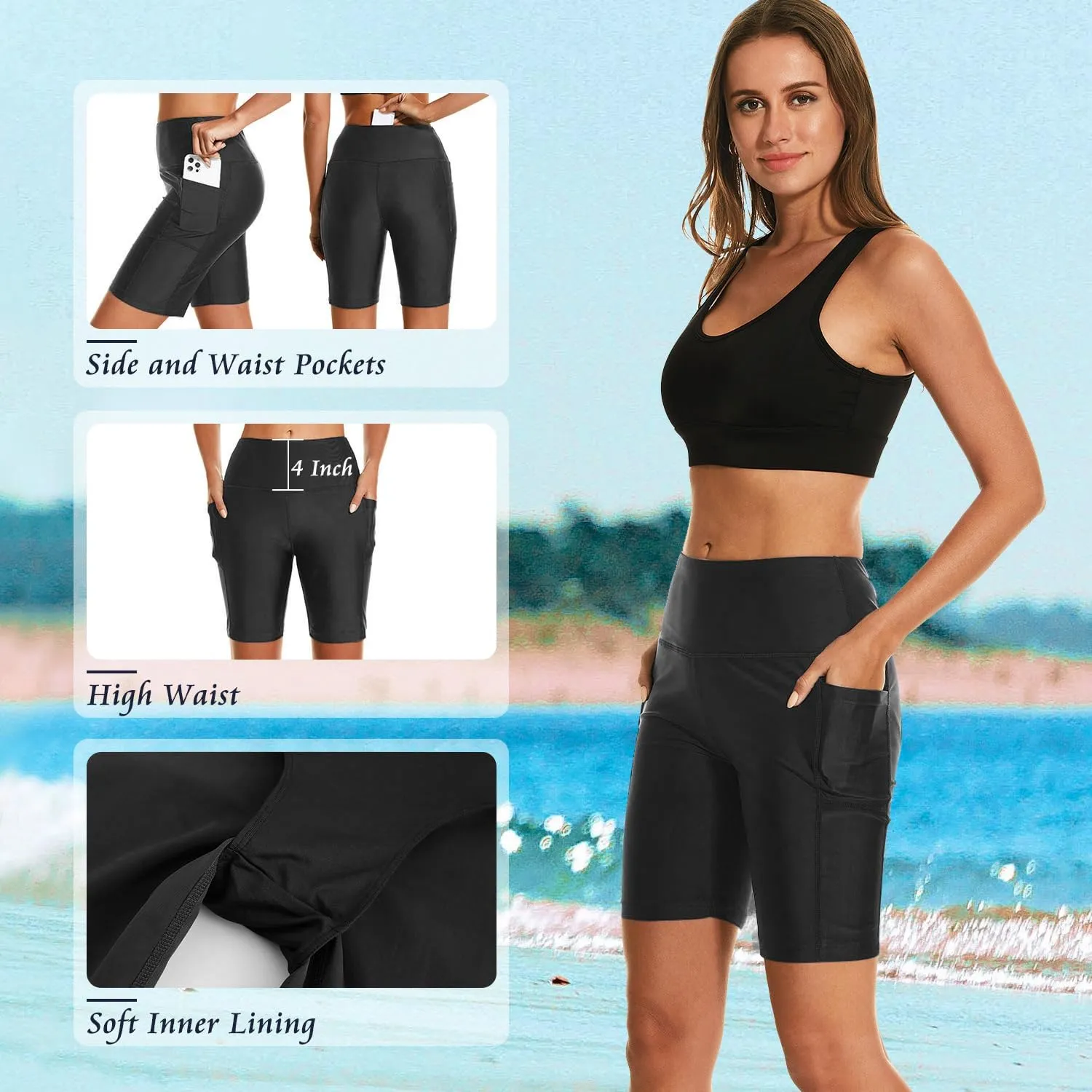 HODOSPORTS Women's 3''/5''/7''/9'' Swim Shorts UPF 50  High Waisted Board Shorts with Pockets Liner Quick Dry Swimsuit Bottom