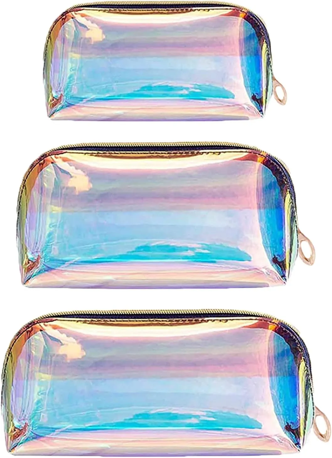 Holographic Makeup Bag Iridescent Cosmetic Pouch Clear Waterproof Portable Travel Cosmetic Pouch TPU Zippered Toiletry Organizer bag for Women 3PCS