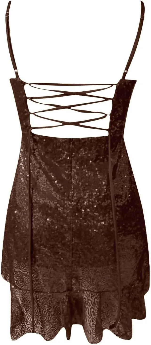 Homecoming Dress for Teens 2024 Irregular Ruffle Hem Sparkly Sequin Spaghetti Straps Short Prom Dresses Cocktail Gowns