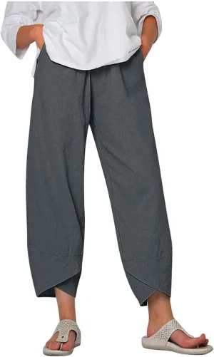 HOTYD Cotton Linen Pants Casual Summer Capri Pants for Women Baggy Elastic Waisted Yoga Trousers Wide Leg Cropped Pants