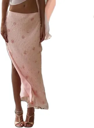 HOXIJIA Women Y2K Sparkly Sequin Stretchy Long Skirt Sheer Low Waist Glitter Maxi Skirts Summer Solid Color Bodycon Skort