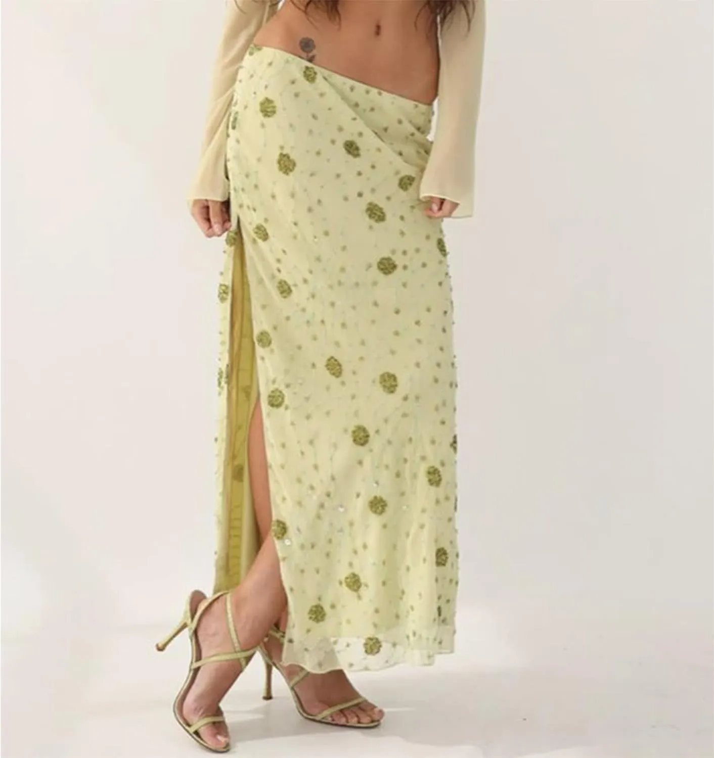 HOXIJIA Women Y2K Sparkly Sequin Stretchy Long Skirt Sheer Low Waist Glitter Maxi Skirts Summer Solid Color Bodycon Skort
