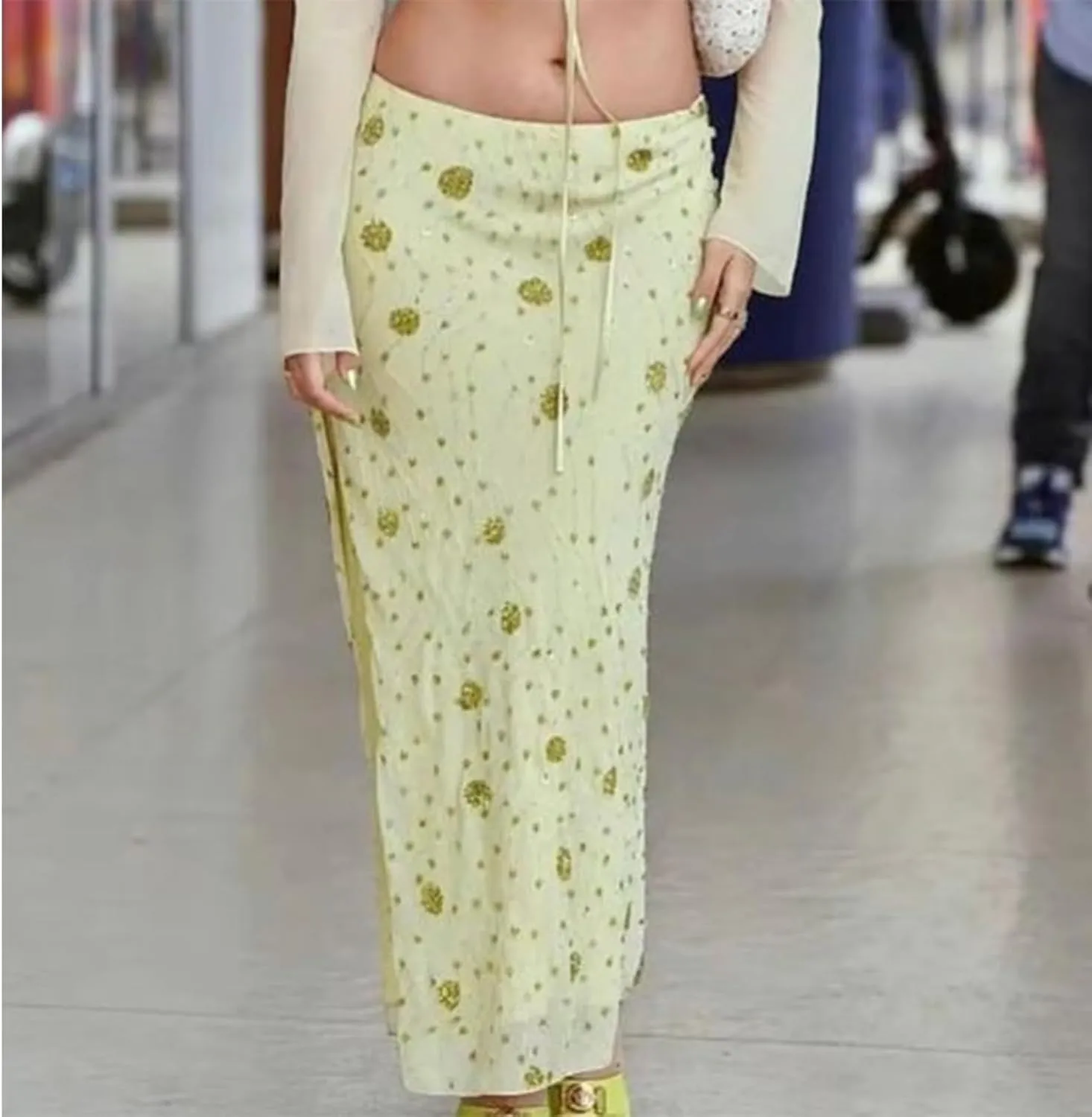 HOXIJIA Women Y2K Sparkly Sequin Stretchy Long Skirt Sheer Low Waist Glitter Maxi Skirts Summer Solid Color Bodycon Skort