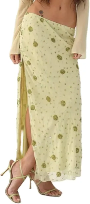 HOXIJIA Women Y2K Sparkly Sequin Stretchy Long Skirt Sheer Low Waist Glitter Maxi Skirts Summer Solid Color Bodycon Skort