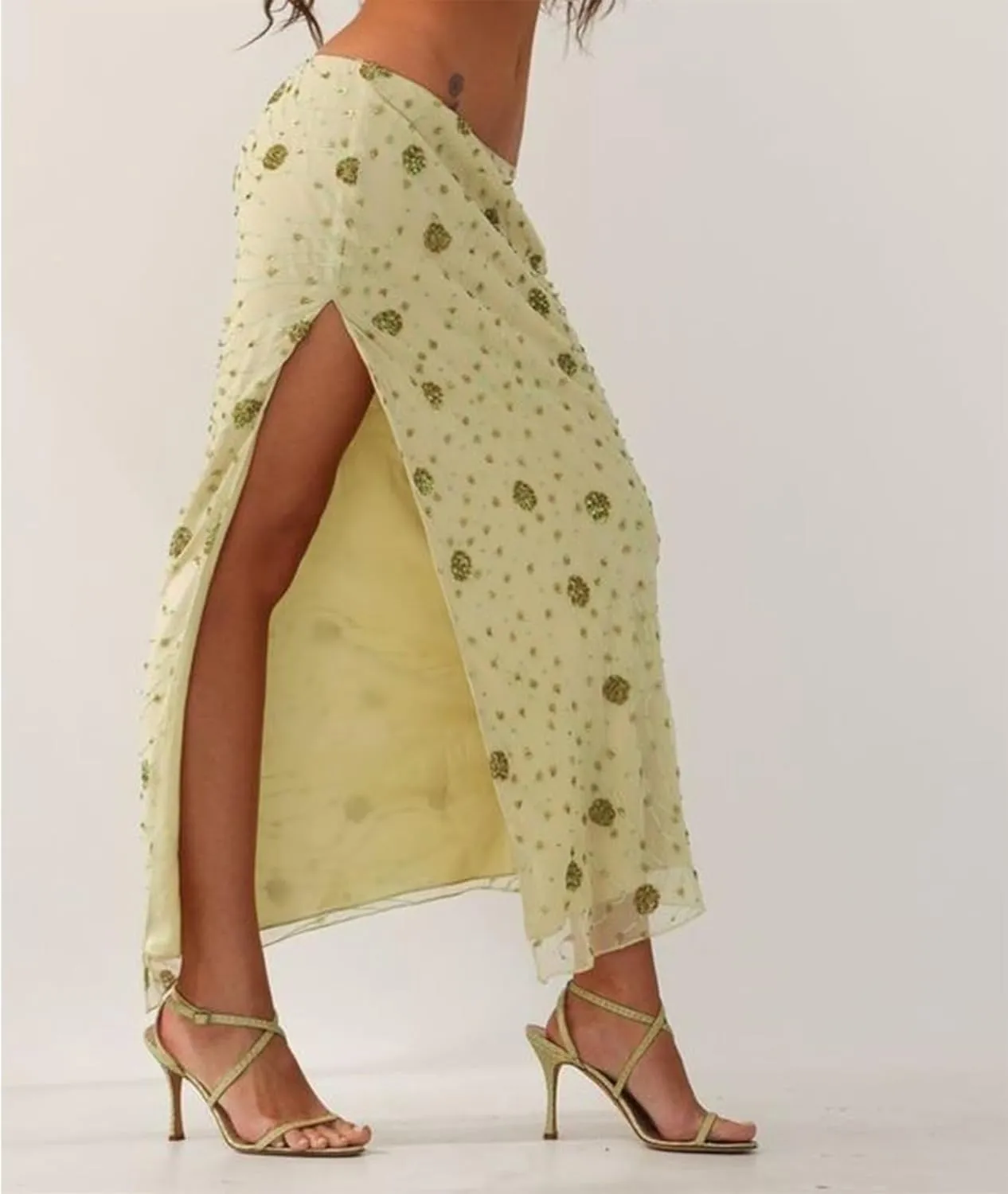 HOXIJIA Women Y2K Sparkly Sequin Stretchy Long Skirt Sheer Low Waist Glitter Maxi Skirts Summer Solid Color Bodycon Skort