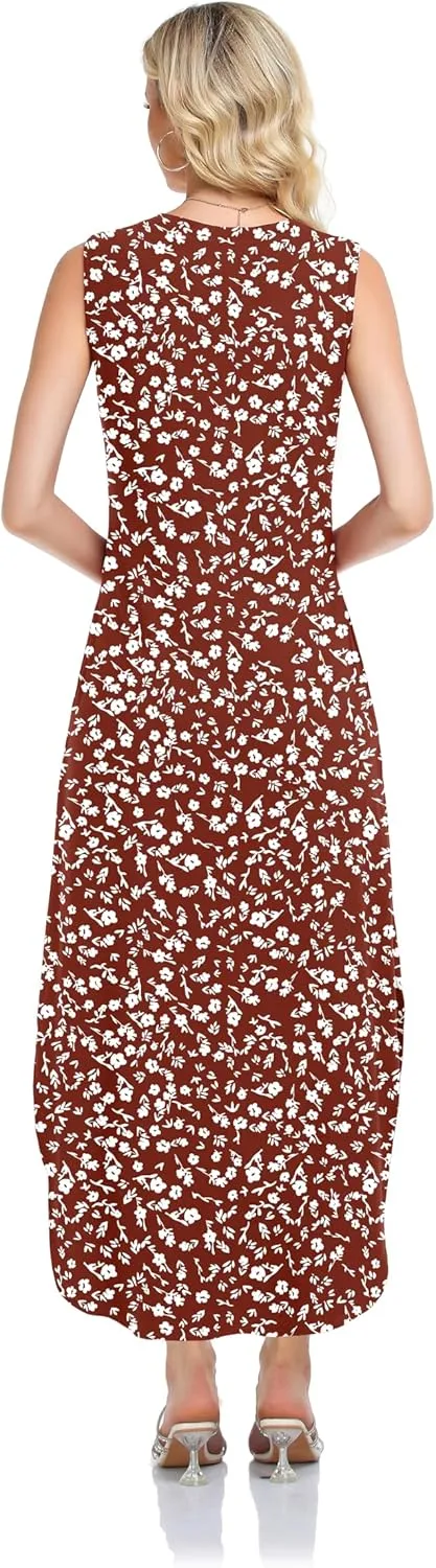 HUSKARY Women's Maxi Dresses V Neck Sleeveless Long Casual Dresses Loose Sundress with Pocket