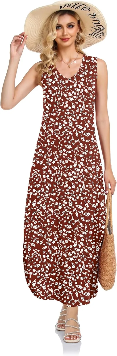 HUSKARY Women's Maxi Dresses V Neck Sleeveless Long Casual Dresses Loose Sundress with Pocket