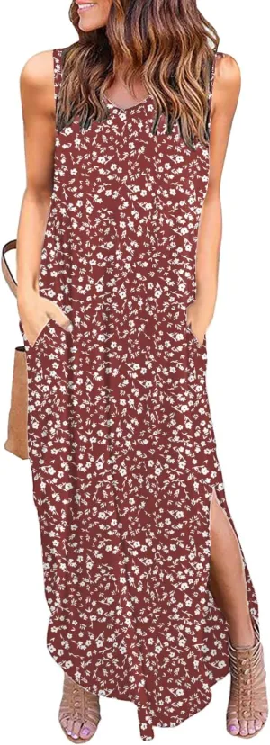 HUSKARY Women's Maxi Dresses V Neck Sleeveless Long Casual Dresses Loose Sundress with Pocket