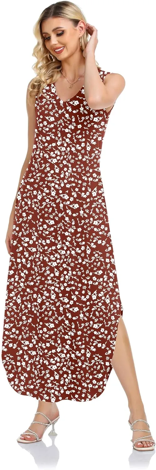 HUSKARY Women's Maxi Dresses V Neck Sleeveless Long Casual Dresses Loose Sundress with Pocket