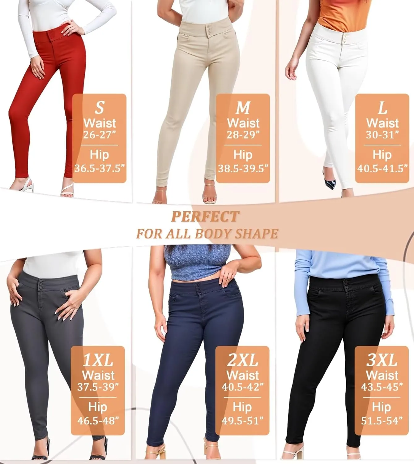 Hybrid & Company Womens Hyper Ultra Stretch Comfy Skinny Leg 3 Button Wide Waist Work Casual Pants