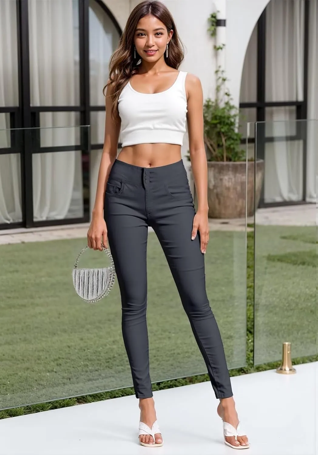 Hybrid & Company Womens Hyper Ultra Stretch Comfy Skinny Leg 3 Button Wide Waist Work Casual Pants