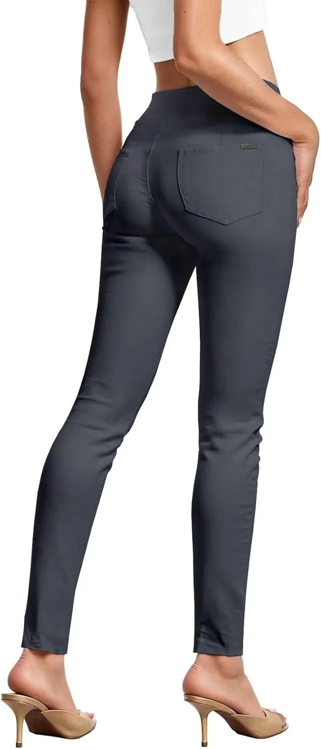 Hybrid & Company Womens Hyper Ultra Stretch Comfy Skinny Leg 3 Button Wide Waist Work Casual Pants