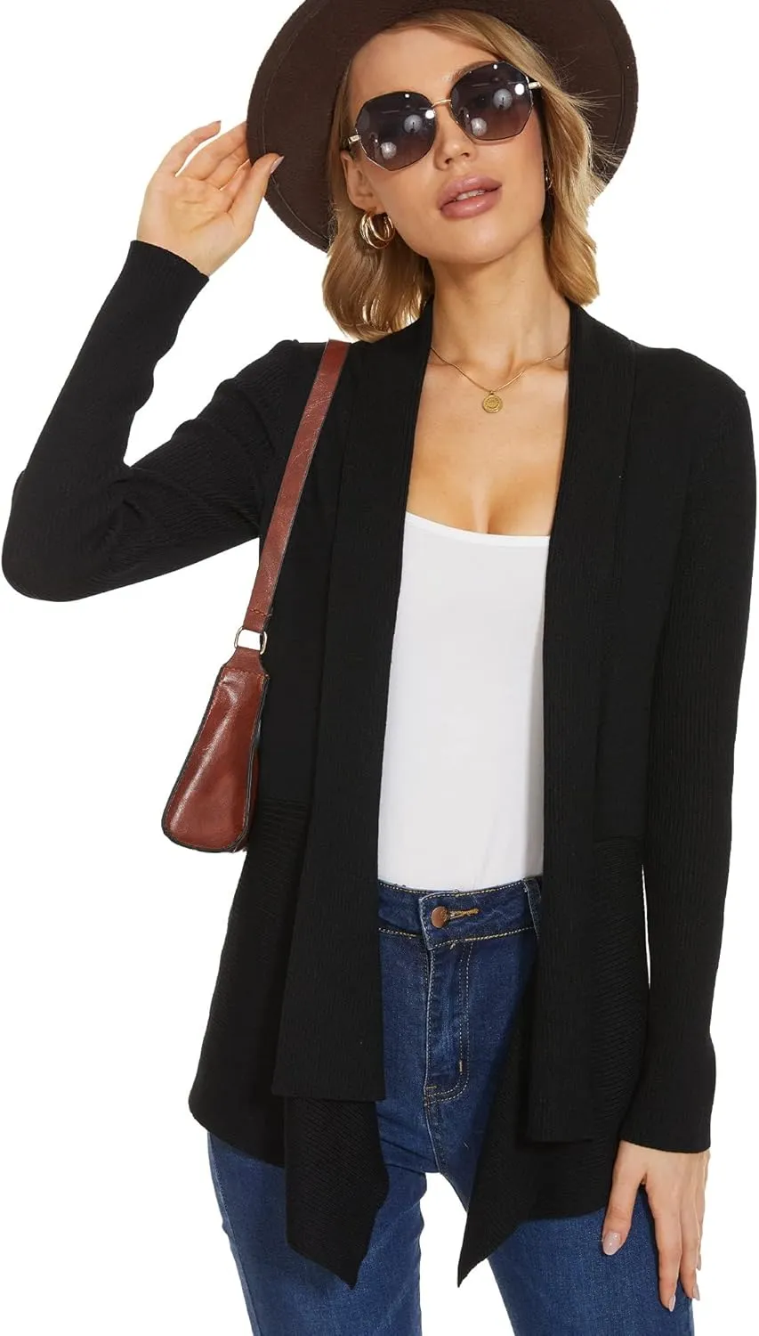 INKOFF Womens Draped Front Cardigan Sweaters Long Sleeve Waterfall Irregular Hem Cardigans Lighweight
