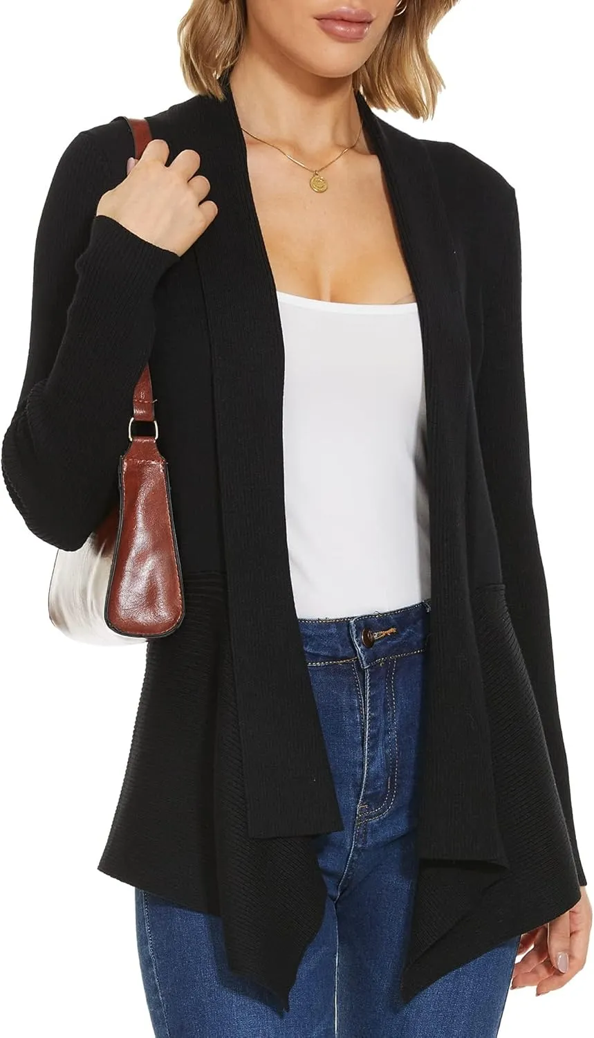 INKOFF Womens Draped Front Cardigan Sweaters Long Sleeve Waterfall Irregular Hem Cardigans Lighweight