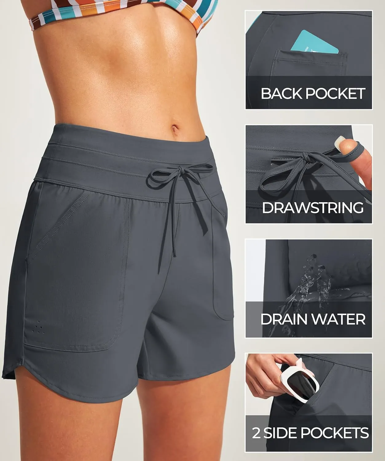 IUGA Womens 5" Swim Board Shorts Stretchy High Waisted Beach Shorts for Women Quick Dry UPF 50  Swimsuit Bottoms with Liner