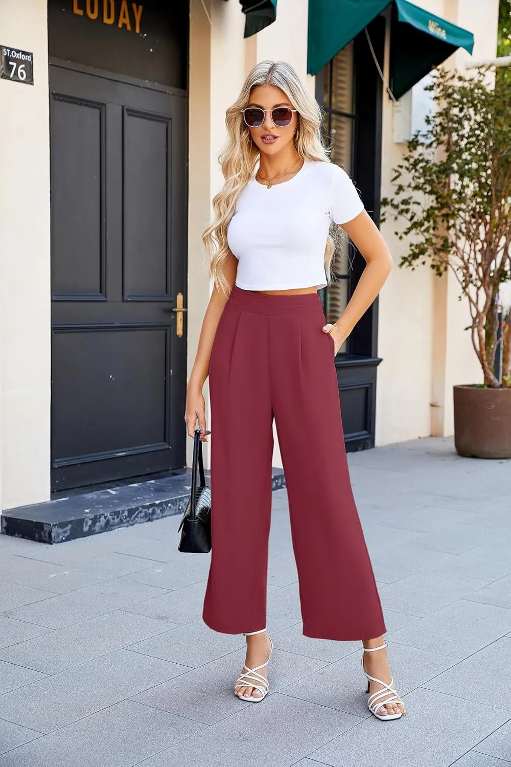 JASAMBAC Women's Wide Leg Pants High Elastic Waisted Pants with Pockets Work Business Office Casual Trousers