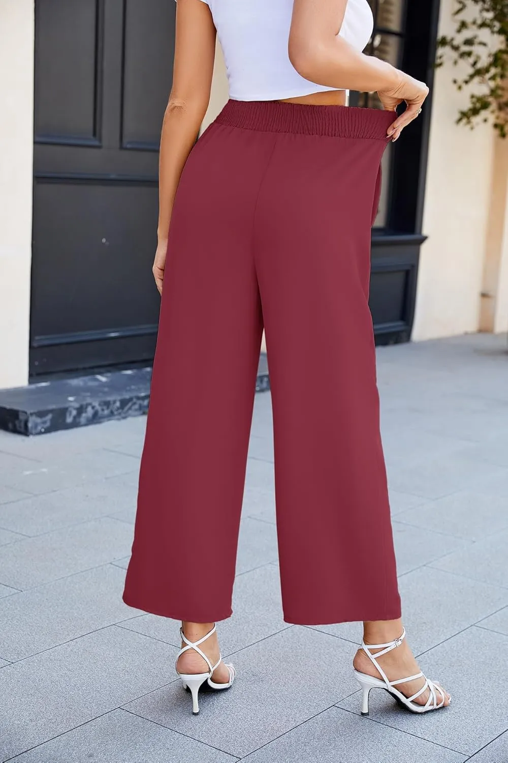 JASAMBAC Women's Wide Leg Pants High Elastic Waisted Pants with Pockets Work Business Office Casual Trousers