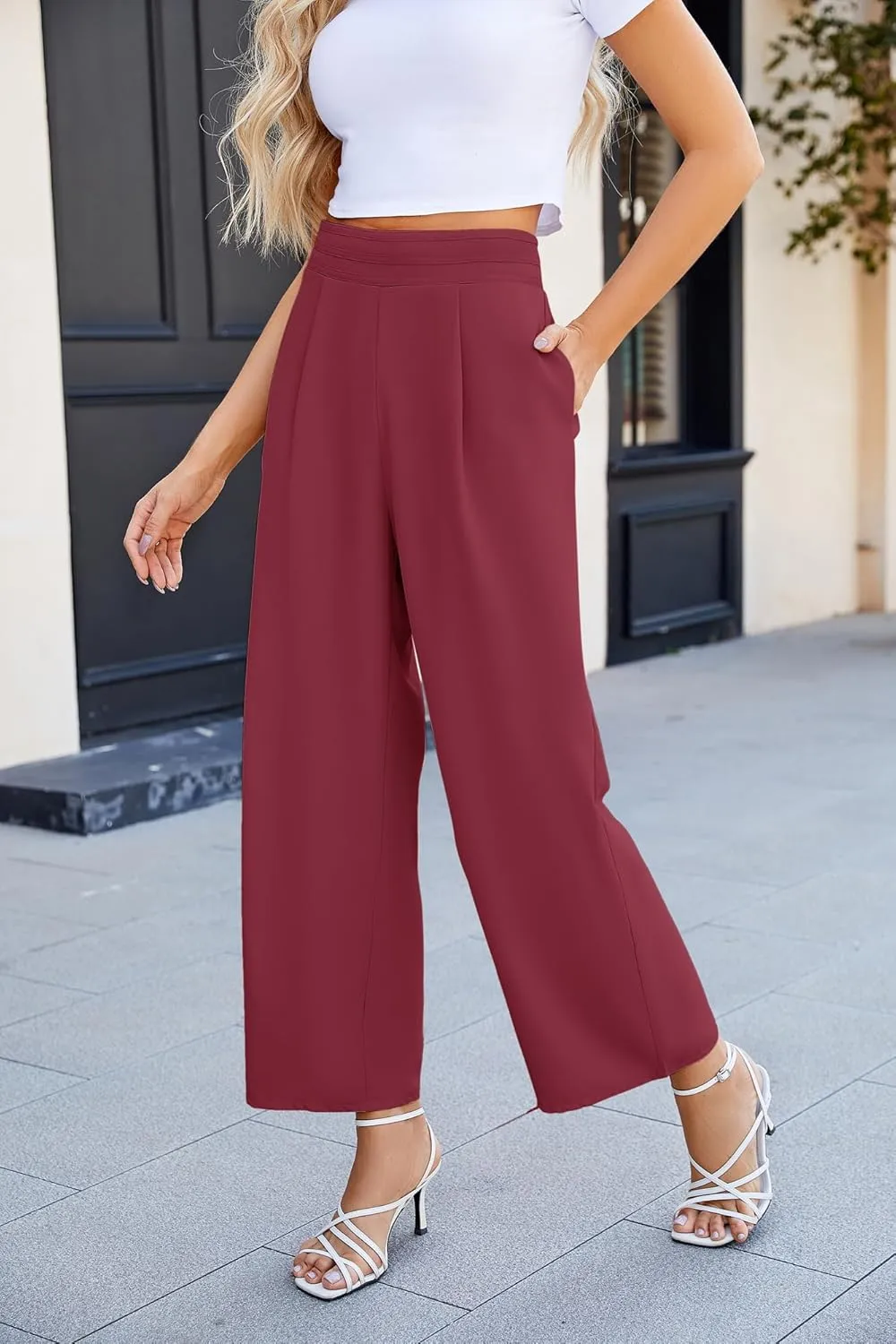 JASAMBAC Women's Wide Leg Pants High Elastic Waisted Pants with Pockets Work Business Office Casual Trousers