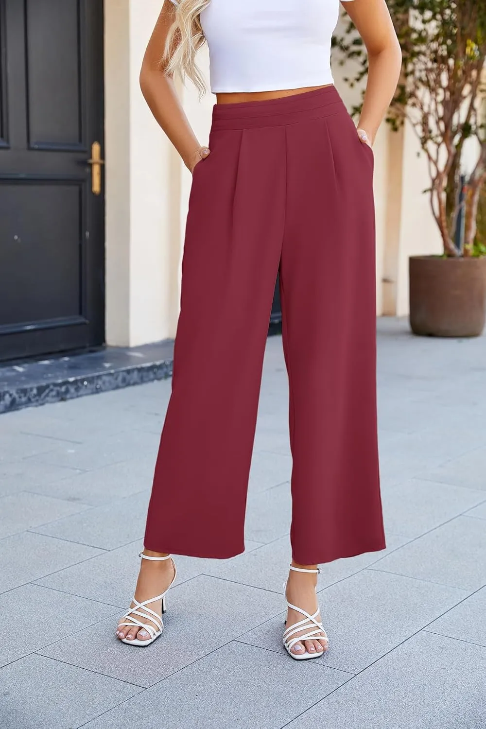 JASAMBAC Women's Wide Leg Pants High Elastic Waisted Pants with Pockets Work Business Office Casual Trousers