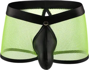 JEsilunmaMY Men's See Through Boxer Briefs Mesh Hollow Underwear with Removable Pouch Open Crotch Leather Lingerie Clubwear