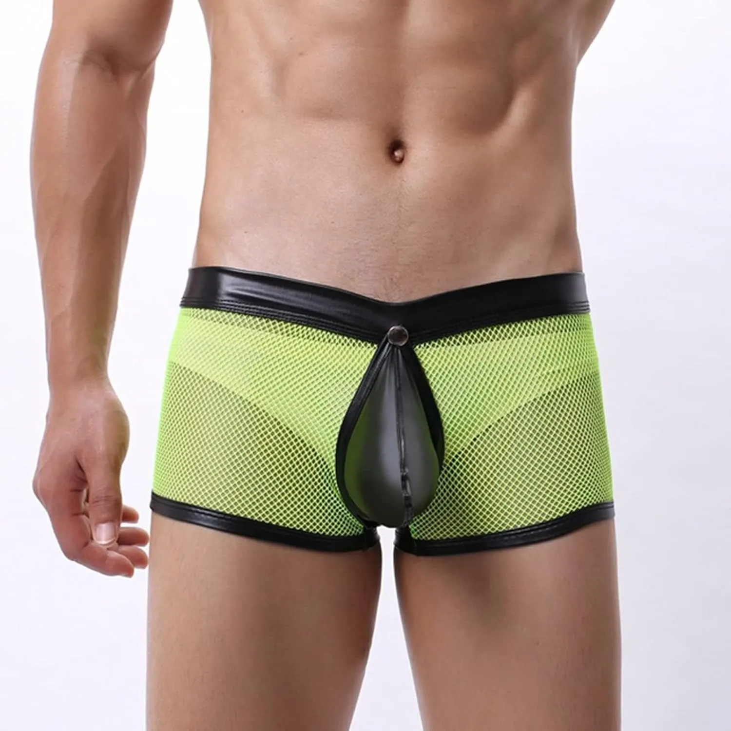 JEsilunmaMY Men's See Through Boxer Briefs Mesh Hollow Underwear with Removable Pouch Open Crotch Leather Lingerie Clubwear
