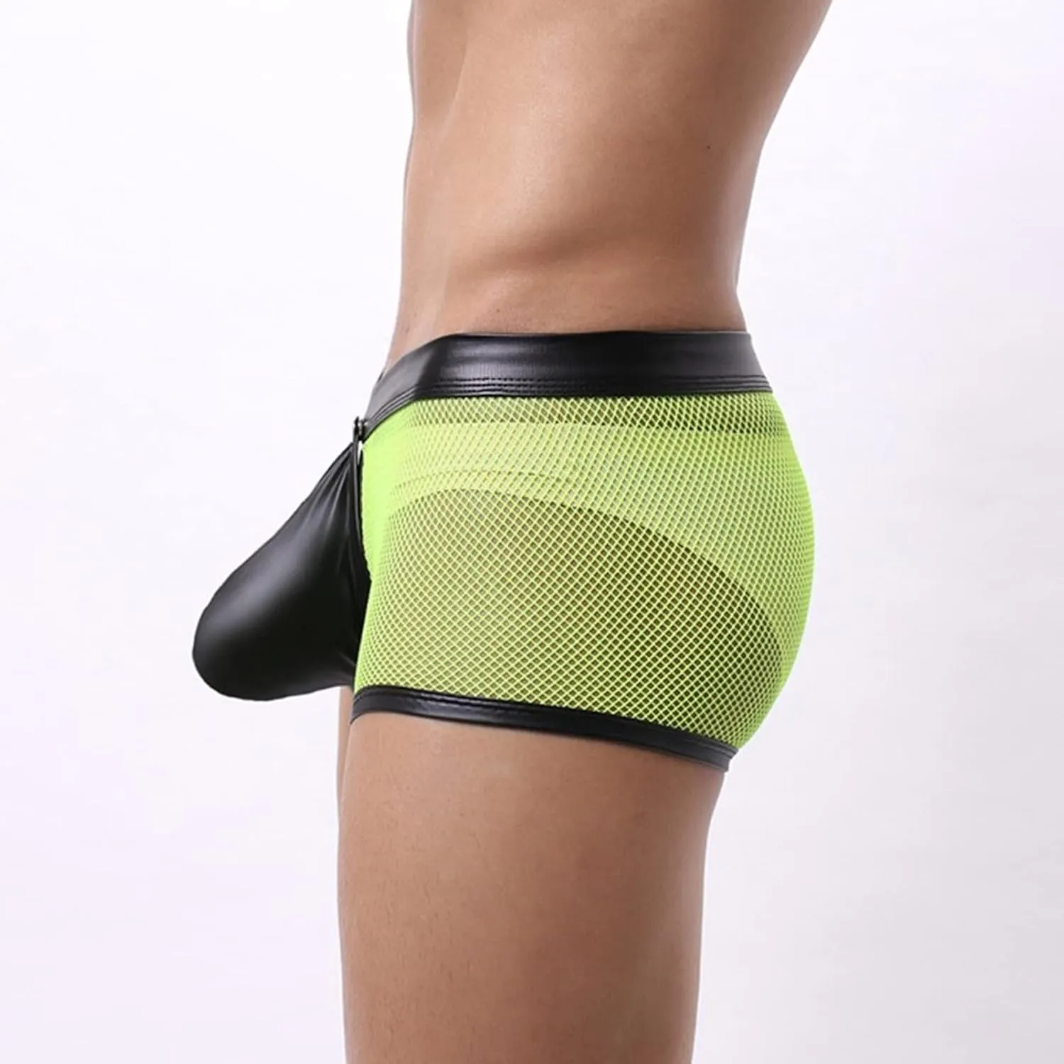 JEsilunmaMY Men's See Through Boxer Briefs Mesh Hollow Underwear with Removable Pouch Open Crotch Leather Lingerie Clubwear