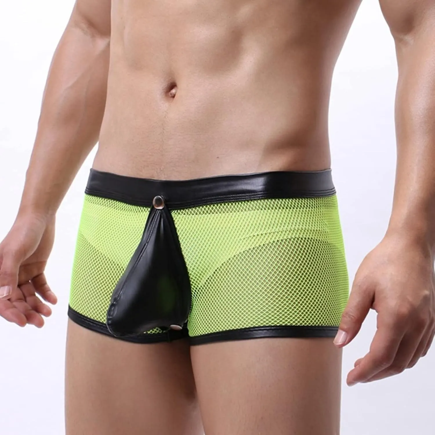 JEsilunmaMY Men's See Through Boxer Briefs Mesh Hollow Underwear with Removable Pouch Open Crotch Leather Lingerie Clubwear