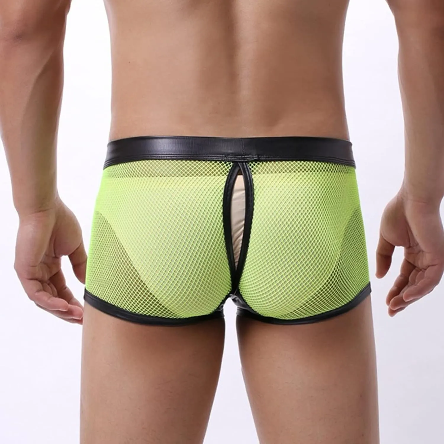 JEsilunmaMY Men's See Through Boxer Briefs Mesh Hollow Underwear with Removable Pouch Open Crotch Leather Lingerie Clubwear
