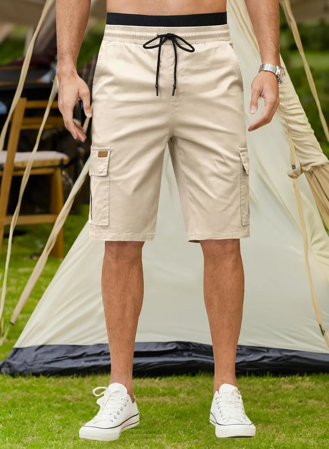 JMIERR Mens Casual Twill Cargo Shorts Cotton Drawstring Classic Cargo Stretch Short with 6 Pockets