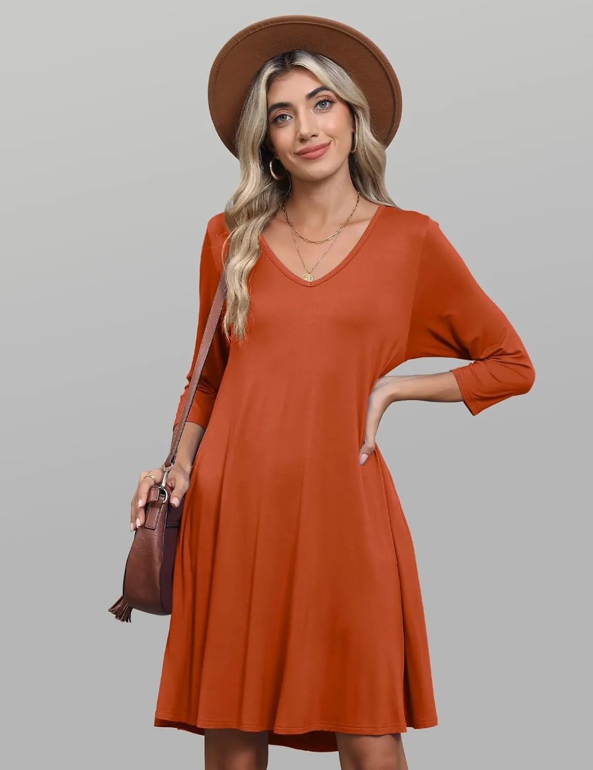 JollieLovin Women 3/4 Sleeve Plus Size Casual Fall Dresses 2024 V Neck T Shirt Long Tunic Dress