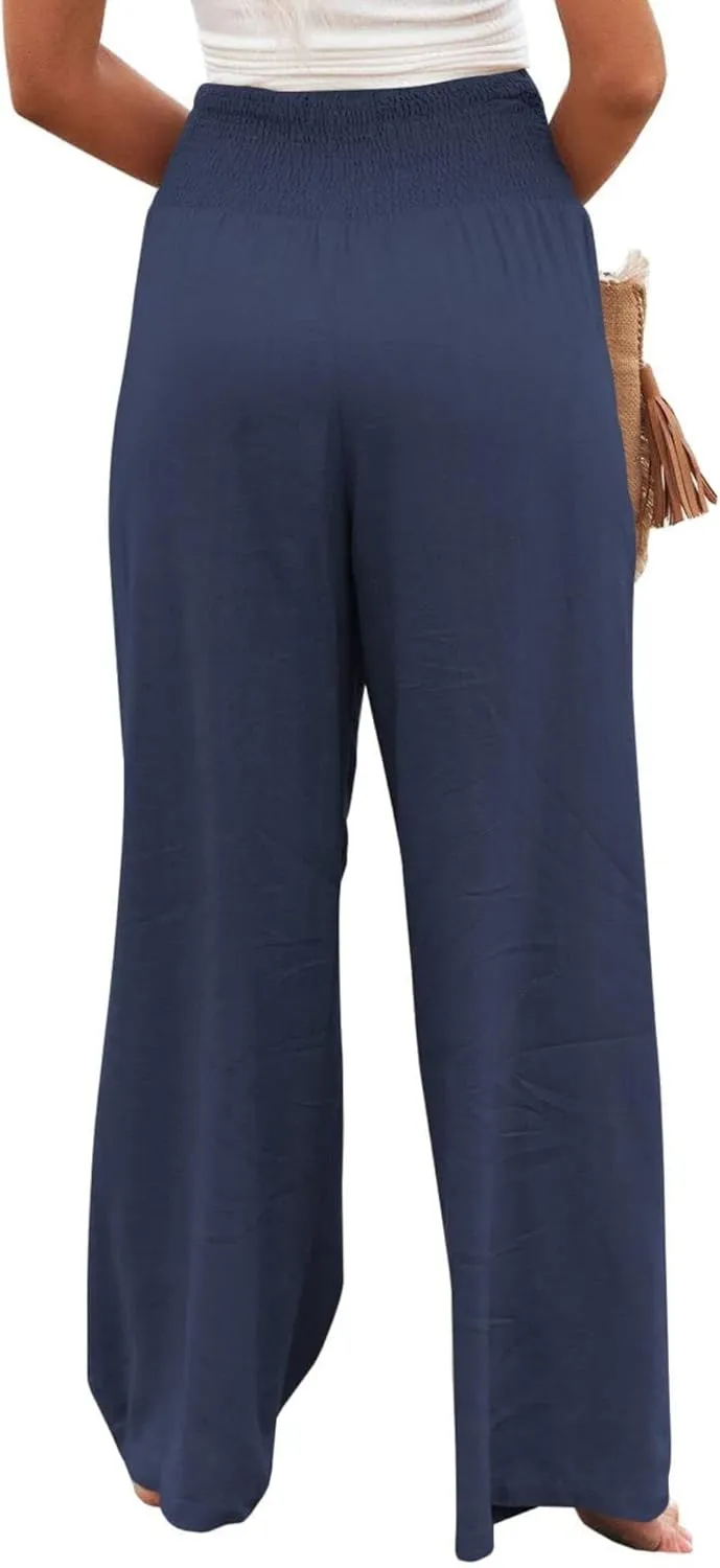 Kubbon Women Linen Palazzo Pants High Waist Casual Pants Wide Leg Long Lounge Pant Trousers Beach Travel Vacation Outfits