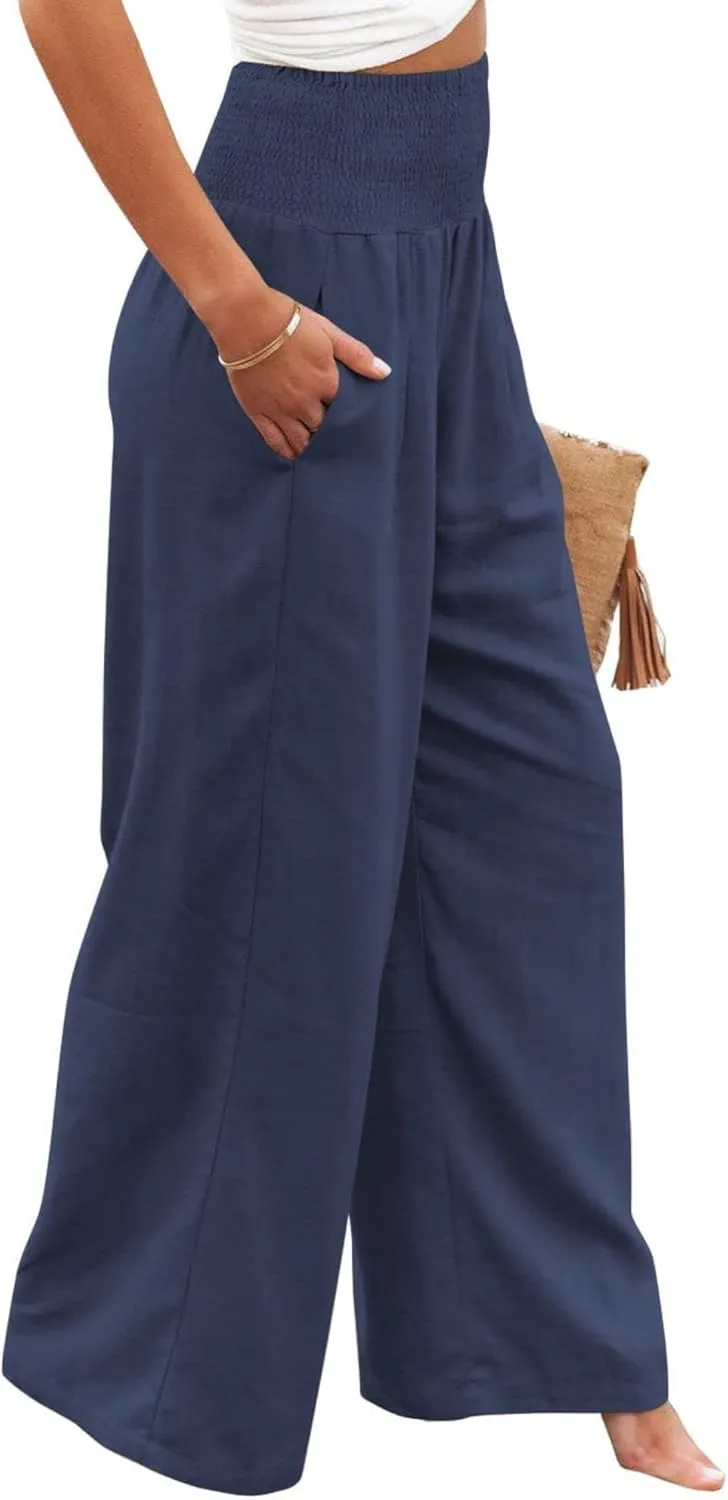 Kubbon Women Linen Palazzo Pants High Waist Casual Pants Wide Leg Long Lounge Pant Trousers Beach Travel Vacation Outfits