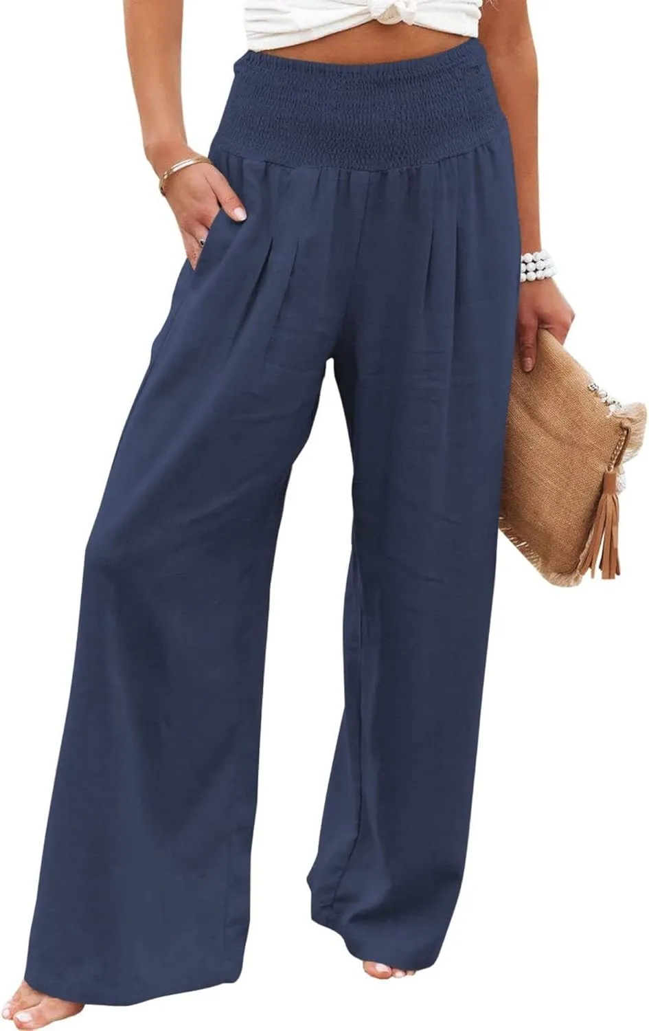 Kubbon Women Linen Palazzo Pants High Waist Casual Pants Wide Leg Long Lounge Pant Trousers Beach Travel Vacation Outfits