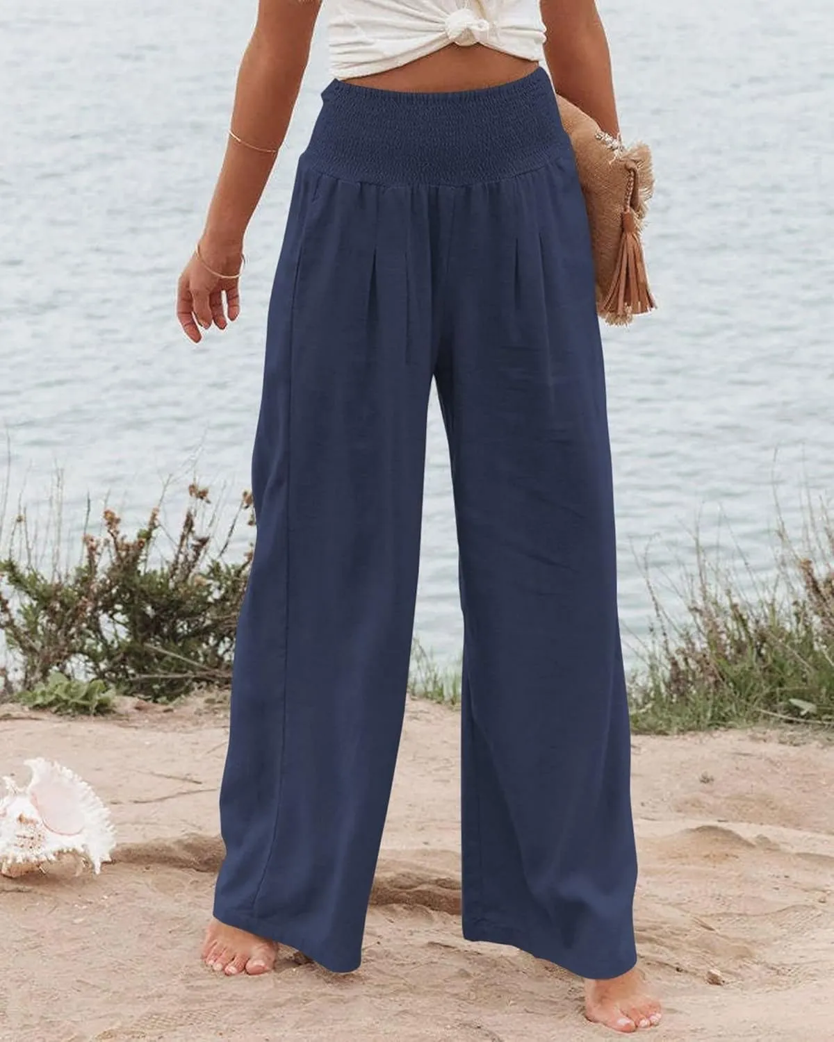 Kubbon Women Linen Palazzo Pants High Waist Casual Pants Wide Leg Long Lounge Pant Trousers Beach Travel Vacation Outfits