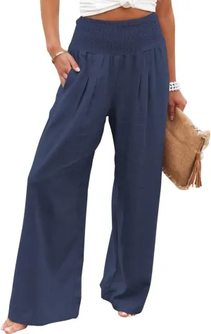 Kubbon Women Linen Palazzo Pants High Waist Casual Pants Wide Leg Long Lounge Pant Trousers Beach Travel Vacation Outfits