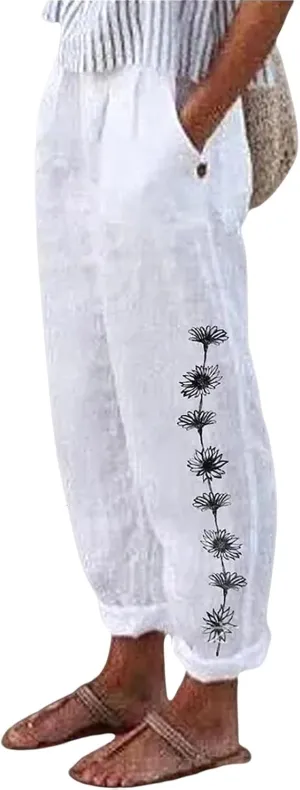 Kubbon Women's Linen Pants High Waisted Wide Leg Sweatpants Casual Lightweight Loose Elastic Waist Trousers with Pockets
