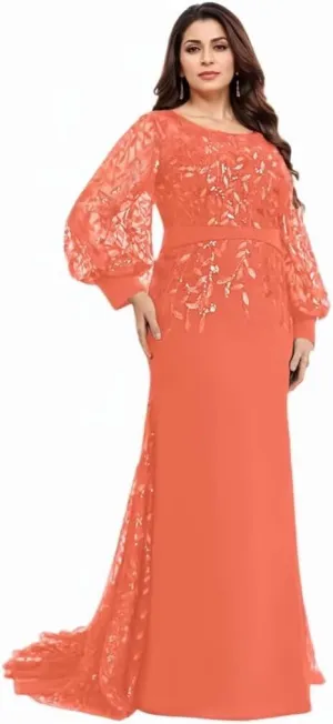 Lace Appliques Mermaid Mother of The Bride Dresses Lantern Sleeve Long Formal Evening Dress with Sequin