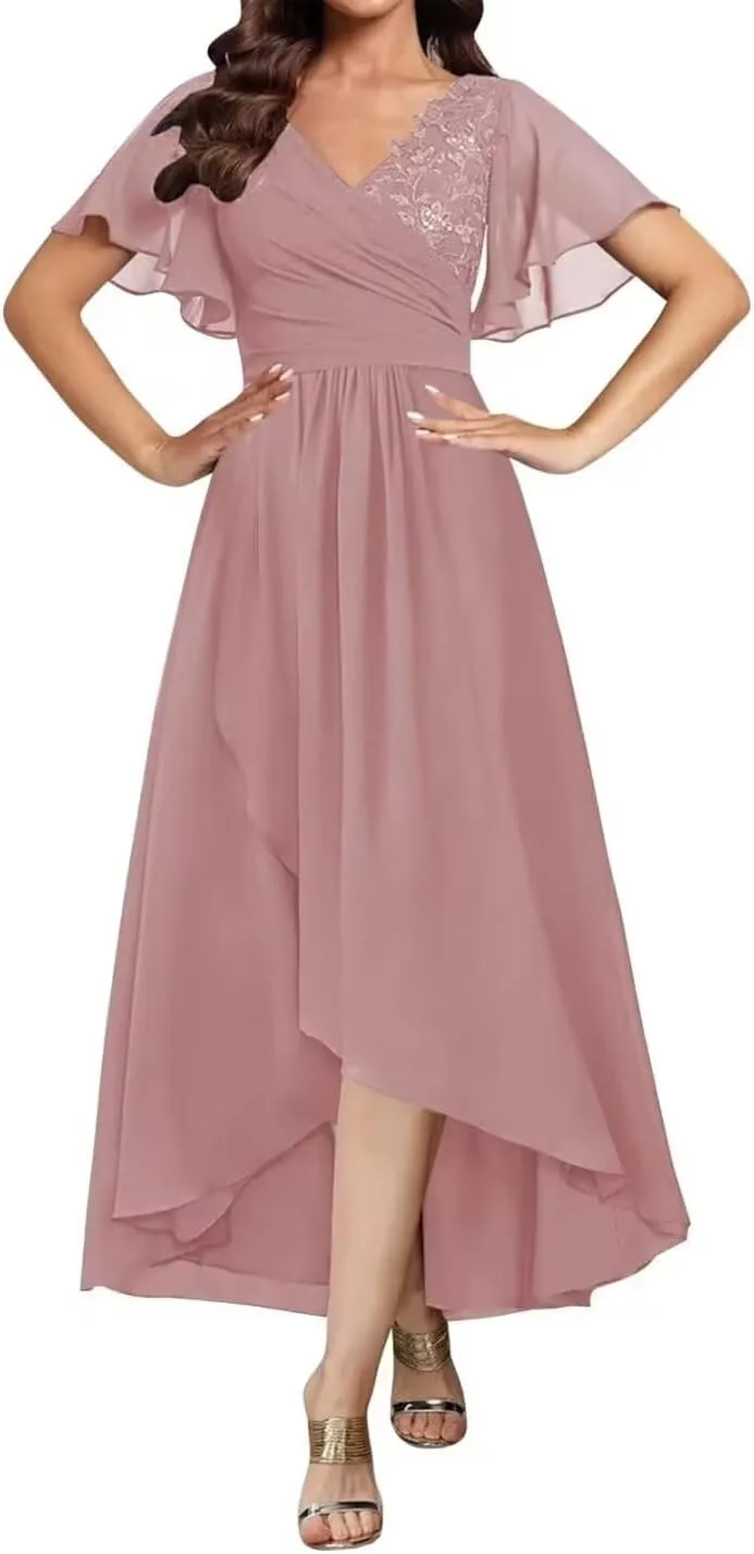 Lace Appliques Mother of The Bride Dresses Tea Length Chiffon Formal Party Gowns Summer Wedding Guest Dress with Sleeves
