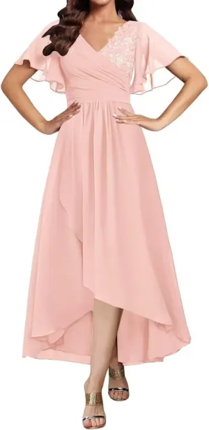 Lace Appliques Mother of The Bride Dresses Tea Length Chiffon Formal Party Gowns Summer Wedding Guest Dress with Sleeves