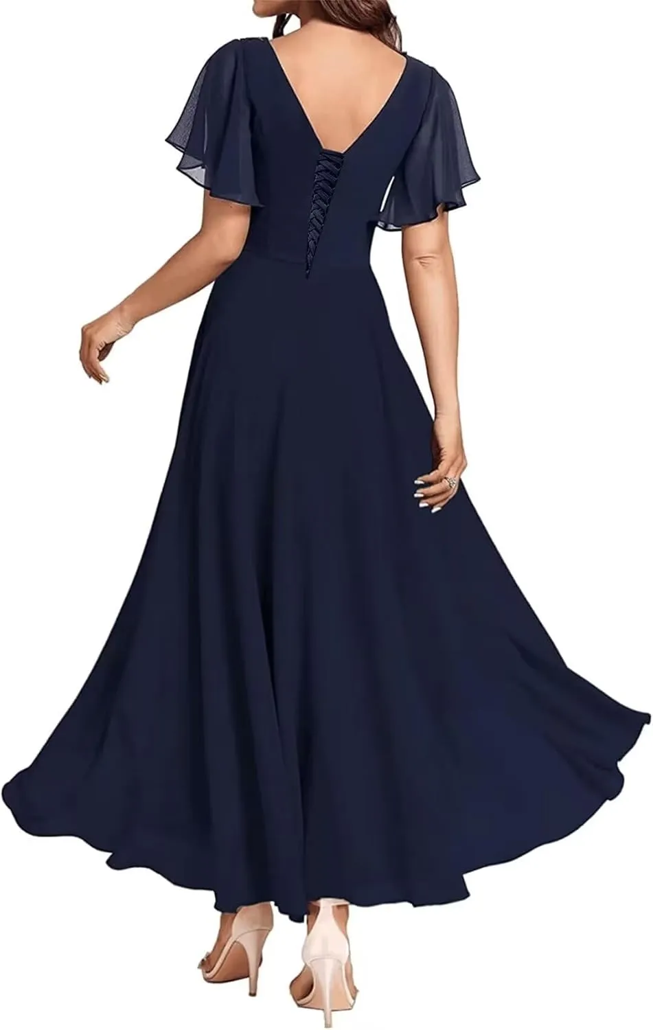 Lace Appliques Mother of The Bride Dresses Tea Length Chiffon Formal Party Gowns Summer Wedding Guest Dress with Sleeves