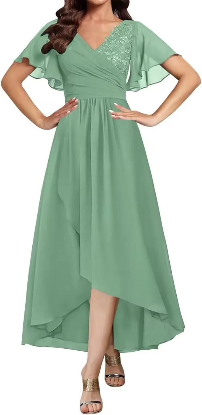 Lace Appliques Mother of The Bride Dresses Tea Length Chiffon Formal Party Gowns Summer Wedding Guest Dress with Sleeves