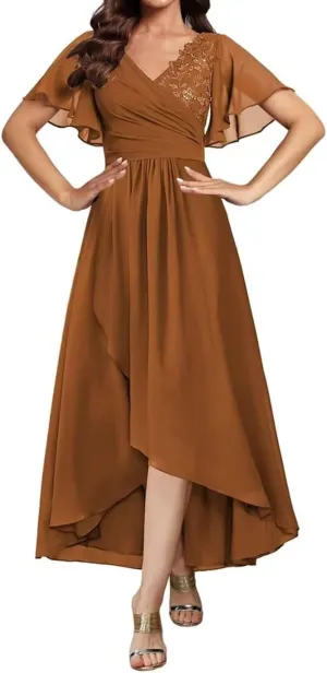 Lace Appliques Mother of The Bride Dresses Tea Length Chiffon Formal Party Gowns Summer Wedding Guest Dress with Sleeves